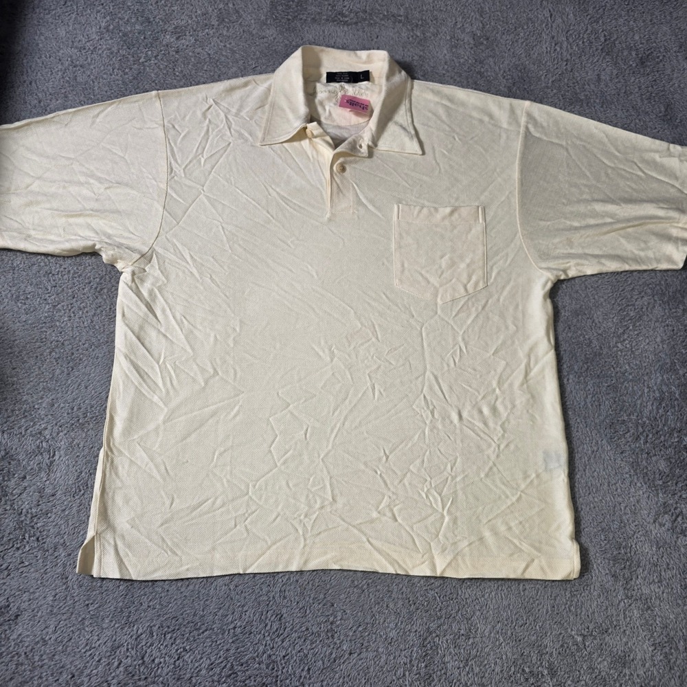 Johnnie Walker Mens‎ L Polo Shirt Cream Silk Ramie Textured Short Sleeve Pocket